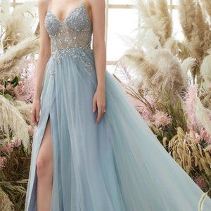 Light Blue Beading Tulle Prom Dress